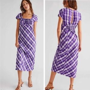 Free People Natalya Midi Purple and White Plaid Midi Dress